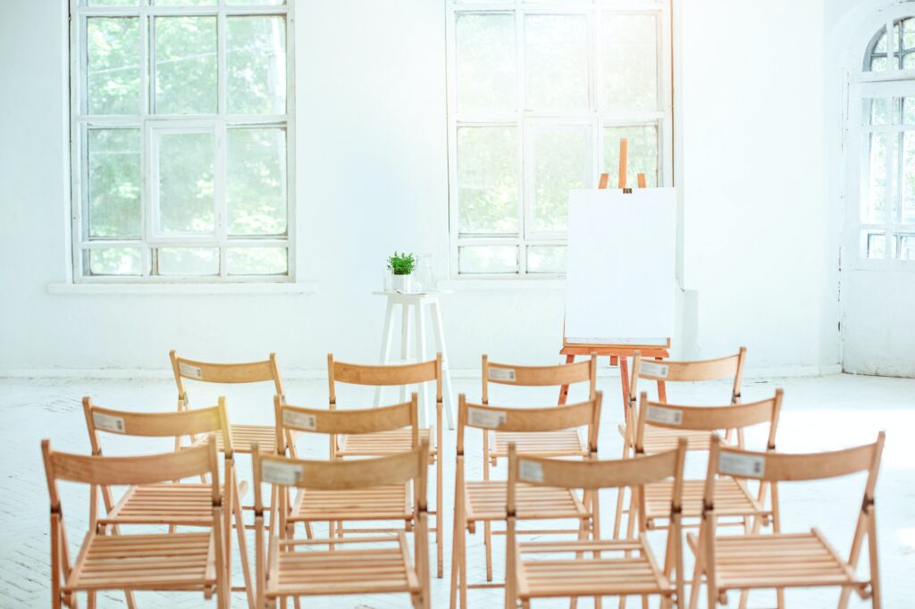 The empty conference hall.