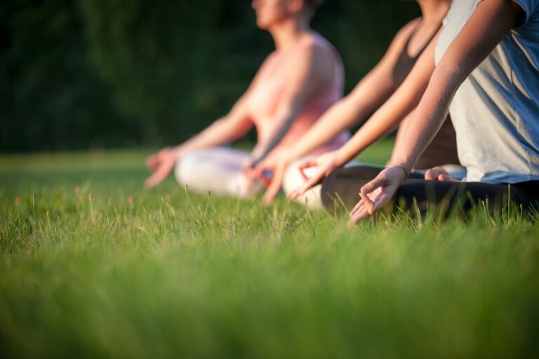 Yoga in the park, group of people practicing yoga and meditating while sunset