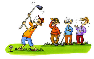 A funny cartoon of a golf beginner giving his best. This cartoon was hand-drawn in ink and colored with markers.