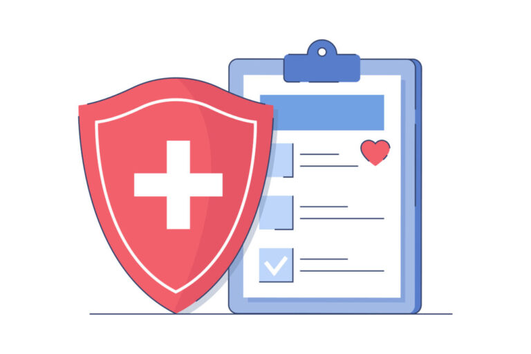 Health insurance claim form icon flat vector illustration. Medical service and healthcare family concept. Filling clinic document and red protective shield with cross on white background.