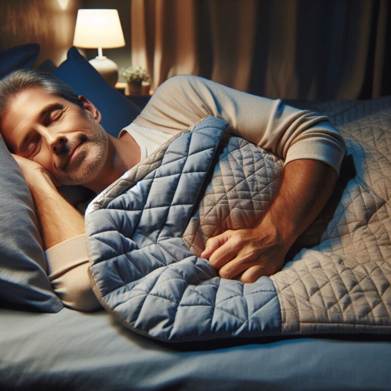 A peaceful bedroom scene at night. A middle-aged adult lies calmly in bed under a visibly quilted we