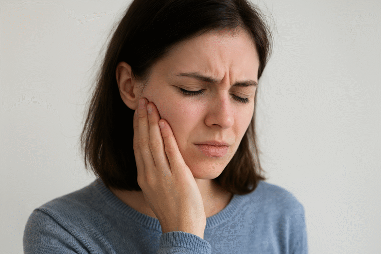 Kvinde som tager sig til kæben indikerer smerter