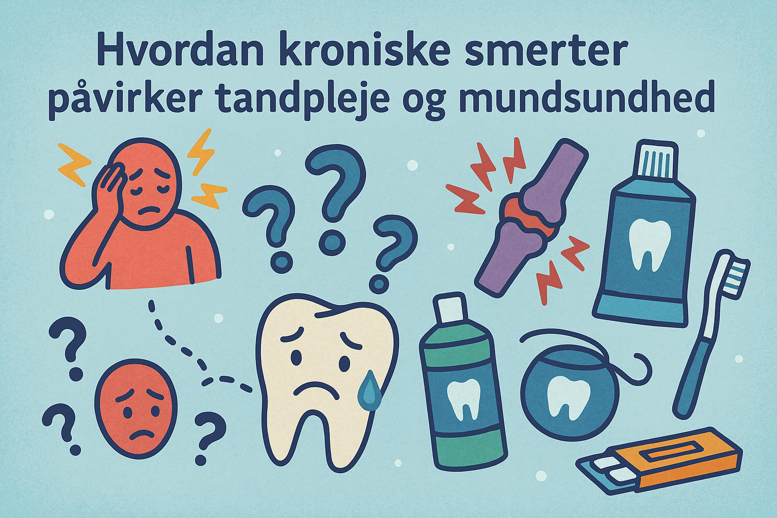 Billede med forskellige elementer relateret til tænder og pleje