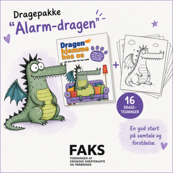 Illustration af den grønne Alarm-drage sammen med bogen "Dragen hjemme hos os" og 16 drage-tegninger til farvelægning. Pakken er udviklet til at støtte samtaler og forståelse, når en forælder har kroniske smerter.