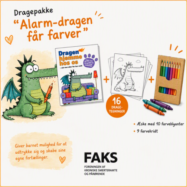 Illustration af den grønne Alarm-drage med en farveblyant, bogen "Dragen hjemme hos os", 16 drage-tegninger til farvelægning samt en æske med farveblyanter og farvekridt. Pakken giver børn mulighed for at udtrykke sig kreativt gennem tegning og farvelægning.