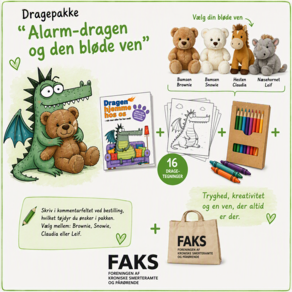 Illustration af den grønne Alarm-drage, bogen "Dragen hjemme hos os", 16 drage-tegninger til farvelægning, farveblyanter, farvekridt, et valgfrit tøjdyr og en FAKS-mulepose. Pakken kombinerer tryghed, kreativitet og støtte til børn i familier med kroniske smerter.