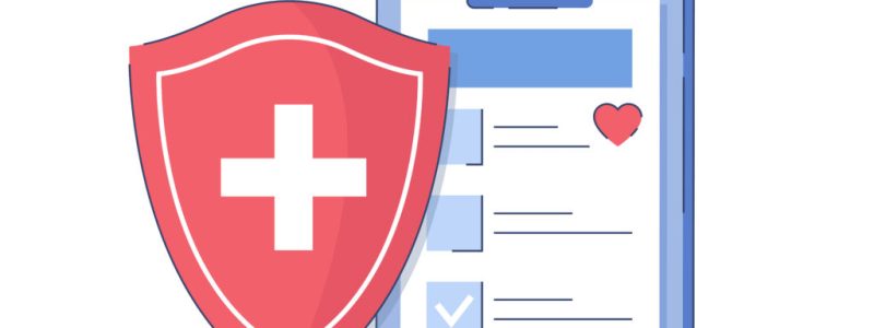 Health insurance claim form icon flat vector illustration. Medical service and healthcare family concept. Filling clinic document and red protective shield with cross on white background.