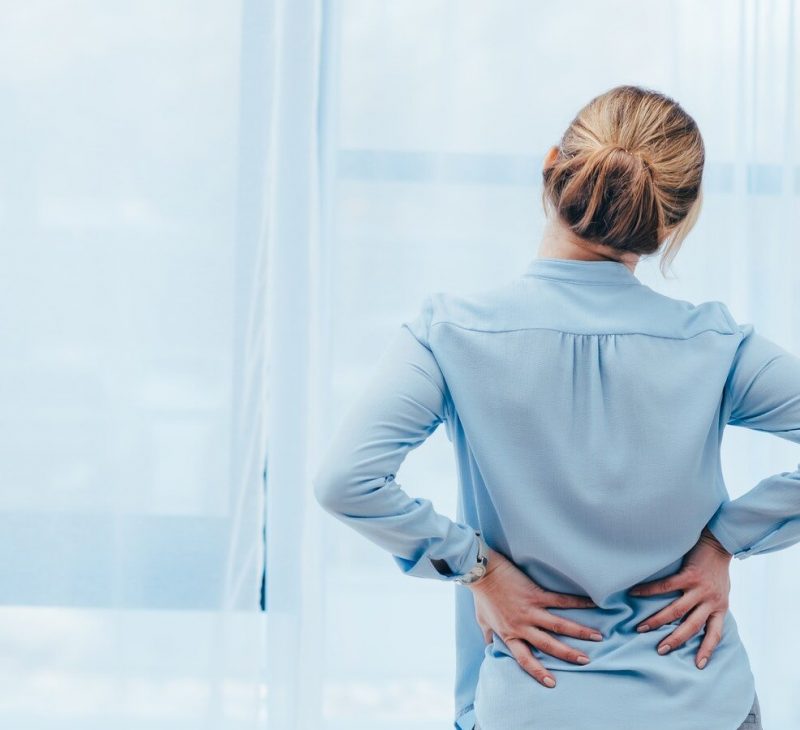 rear view of businesswoman with backplain in office